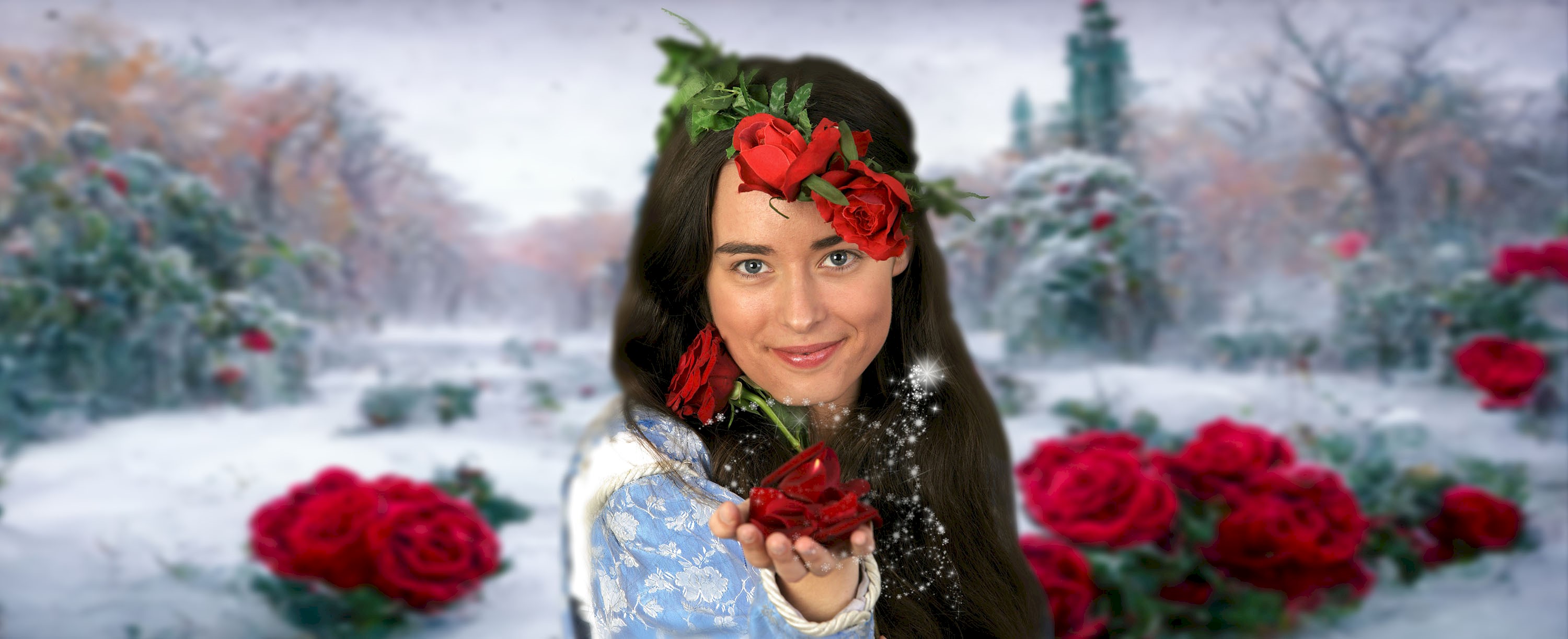 A woman holding her hand out with red roses, and grounds with trees covered in slow in the background